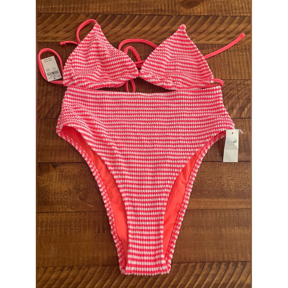 NWT Aerie FULL SET Crinkle Stripe String Triangle + High Waisted Bottom Orange S